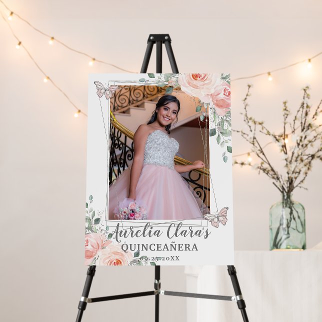 Blush Floral Butterfly Quinceanera Birthday Photo  Foam Board (In Situ (Stand))