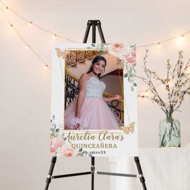 Blush Floral Butterfly Quinceanera Birthday Photo Foam Board (In Situ (Stand))