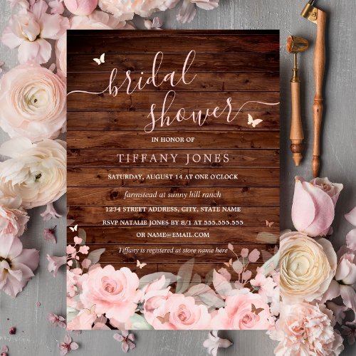 Blush Floral Butterfly Rustic Wood Bridal Shower  Foil Invitation