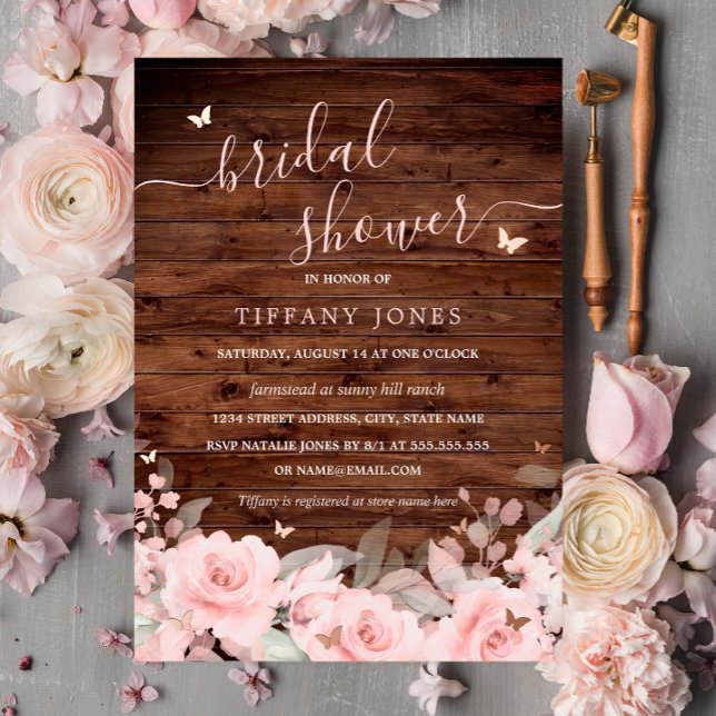 Blush Floral Butterfly Rustic Wood Bridal Shower  Foil Invitation (Creator Uploaded)