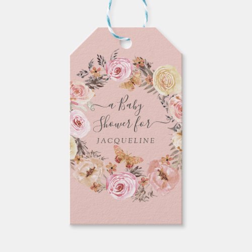 Blush Floral Butterfly Wreath Girl Baby Shower Gift Tags