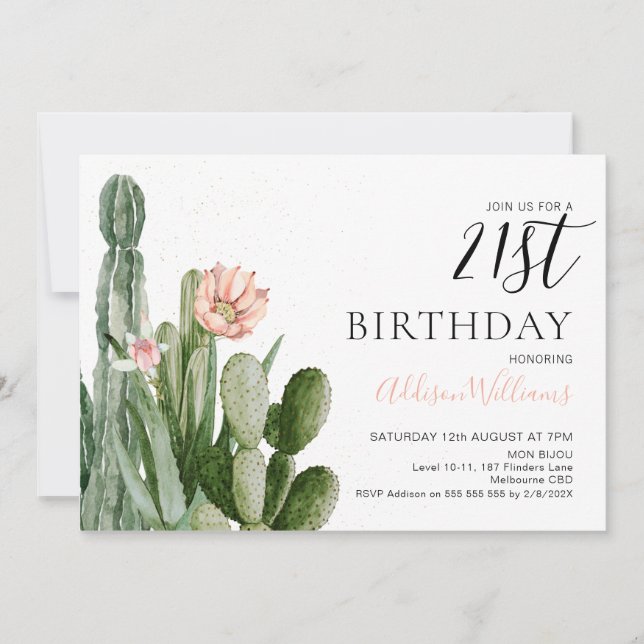 Blush Floral Cactus Succulents 21st Birthday  Invitation (Front)