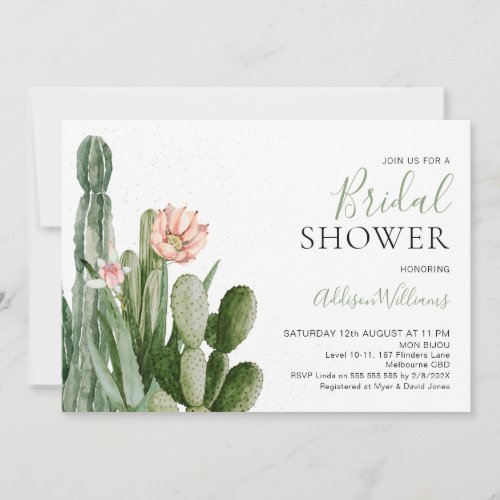 Blush Floral Cactus Succulents Bridal Shower Invitation