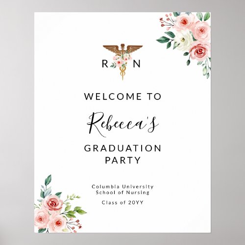 Blush Floral Caduceus Nurse Graduate Welcome Party Poster