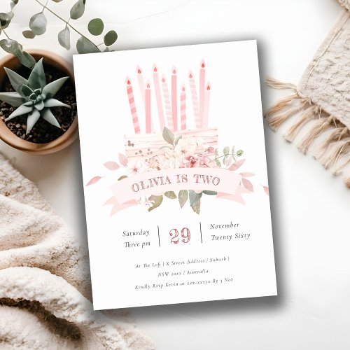 Blush Floral Cake Candles Any Age Birthday Invite