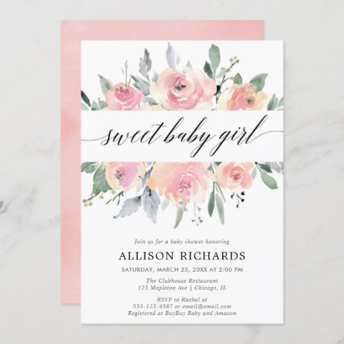 Blush floral calligraphy elegant girl baby shower invitation