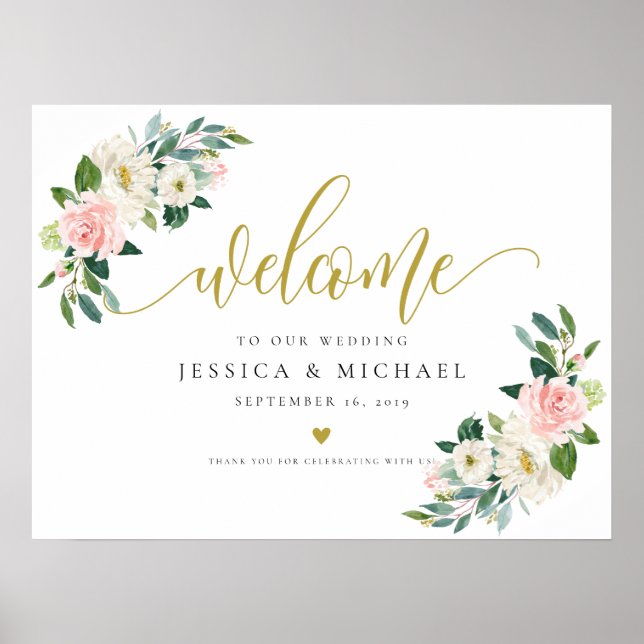 Blush Floral calligraphy Welcome Wedding Sign (Front)