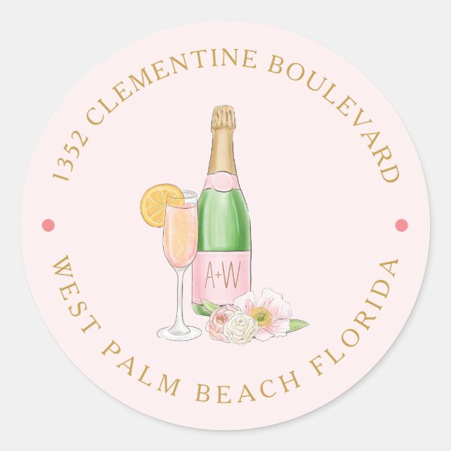 Blush Floral Champagne Bridal Shower Address Class Classic Round Sticker (Front)