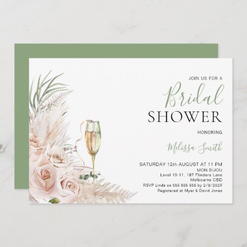 Blush Floral Champagne Glass Bridal Shower Invitation