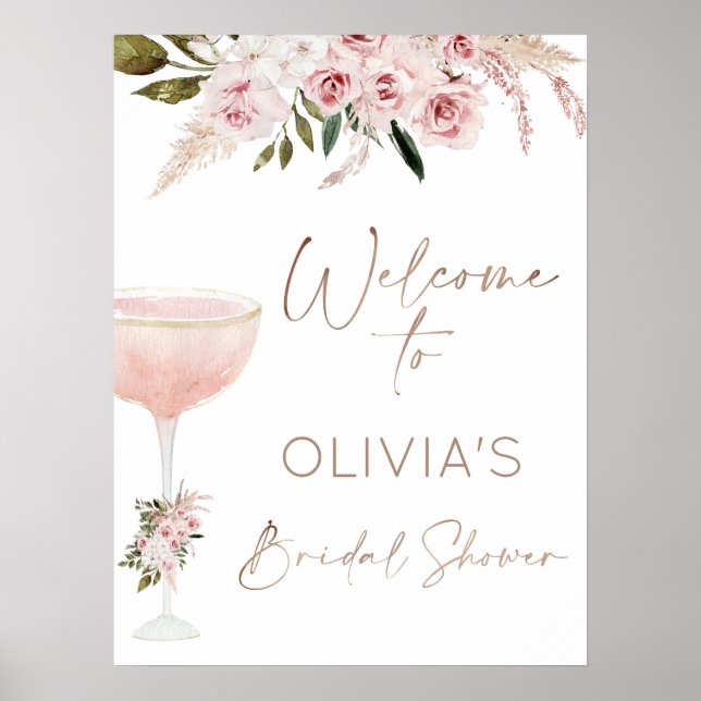 Blush Floral Champagne Glass Bridal Shower Welcome Poster (Front)
