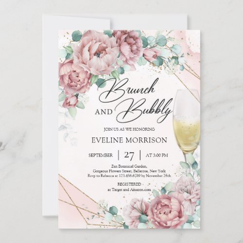 Blush floral champagne glass brunch and bubbly invitation