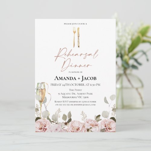 Blush Floral Champagne Glass Rehearsal Dinner  Invitation