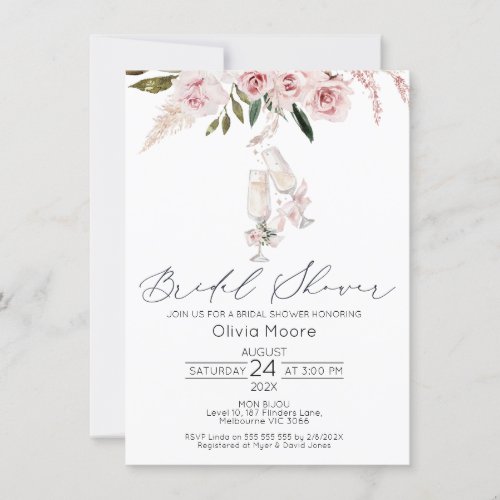 Blush Floral Champagne Glasses Bridal Shower Invitation