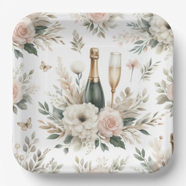 Blush Floral Champagne Party Plates (Front)