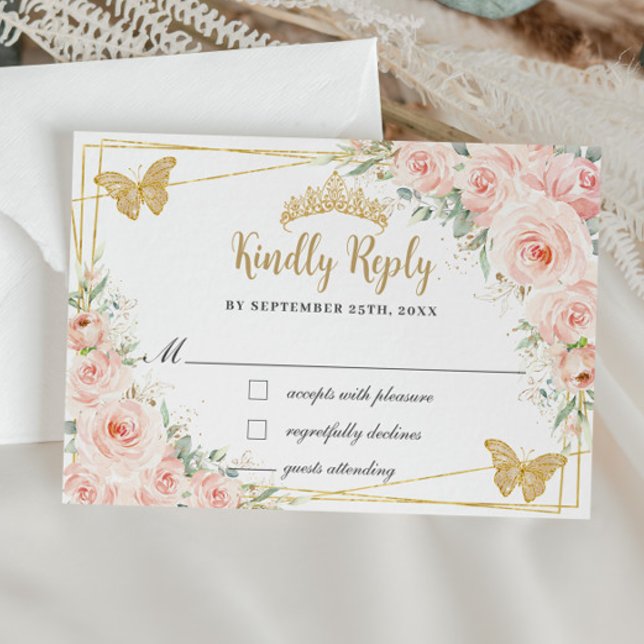 Blush Floral Champagne Quinceañera Butterfly Reply RSVP Card (Creator Uploaded)