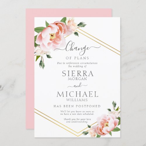 Blush Floral Change of Plans Wedding Postponed Invitation