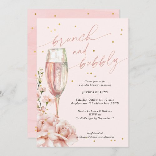 Blush floral chic brunch and bubbly champagne  invitation