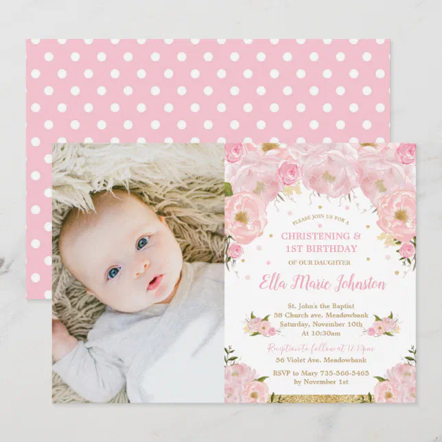 Blush Floral Christening 1st Birthday Party Photo Invitation