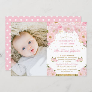 Blush Floral Christening 1st Birthday Party Photo Invitation