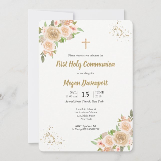 Blush Floral Communion Invitation (Front)