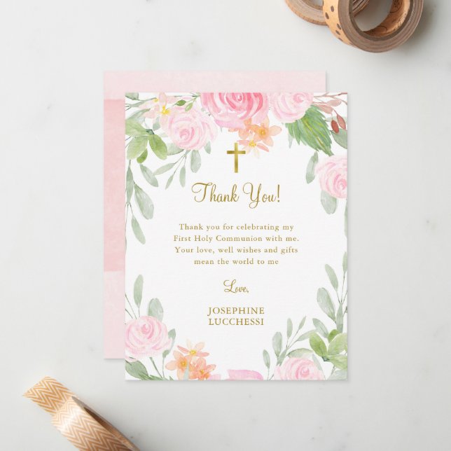 Blush Floral Communion or Baptism Thank You Note Card (Front/Back In Situ)