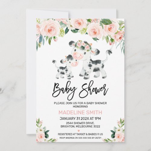 Blush Floral Cow and Calf Baby Shower Invitation