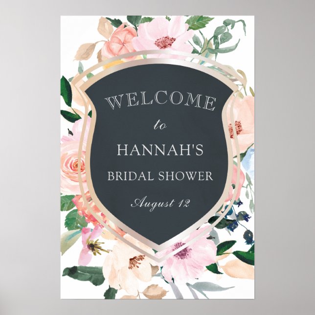 Blush Floral Crest Bridal Shower Welcome Poster (Front)