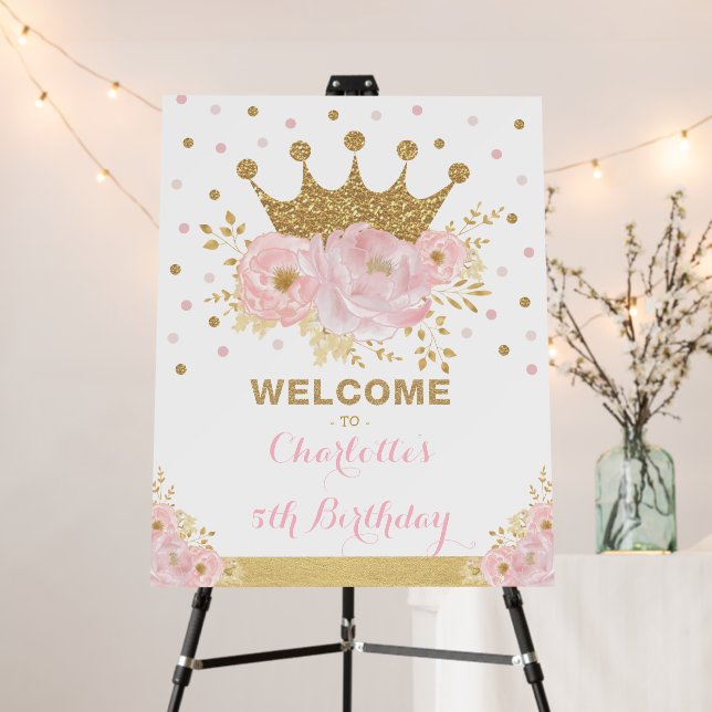 Blush Floral Crown Princess Birthday Party Welcome Foam Board (In Situ (Stand))