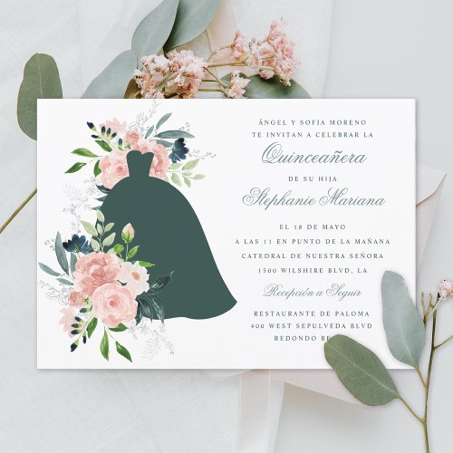 Blush Floral Custom Color Dress Quinceaera  Invitation