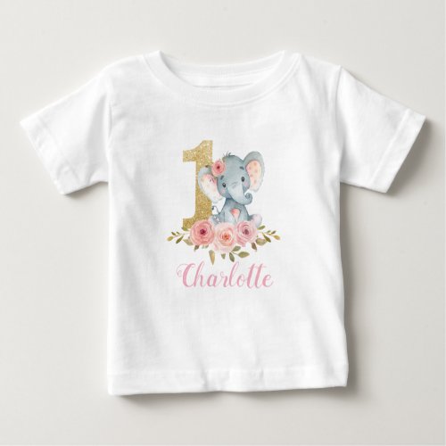 Blush Floral Cute Baby Elephant 1st Birthday Baby Baby T_Shirt