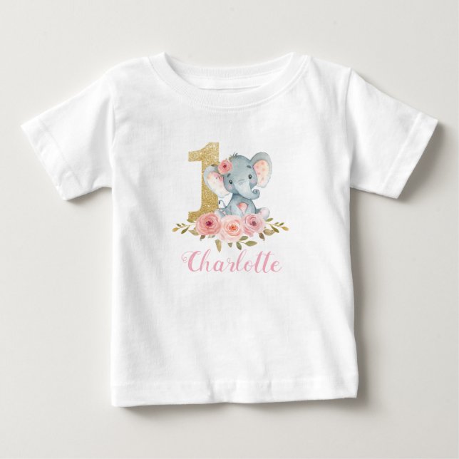 Blush Floral Cute Baby Elephant 1st Birthday Baby Baby T-Shirt (Front)