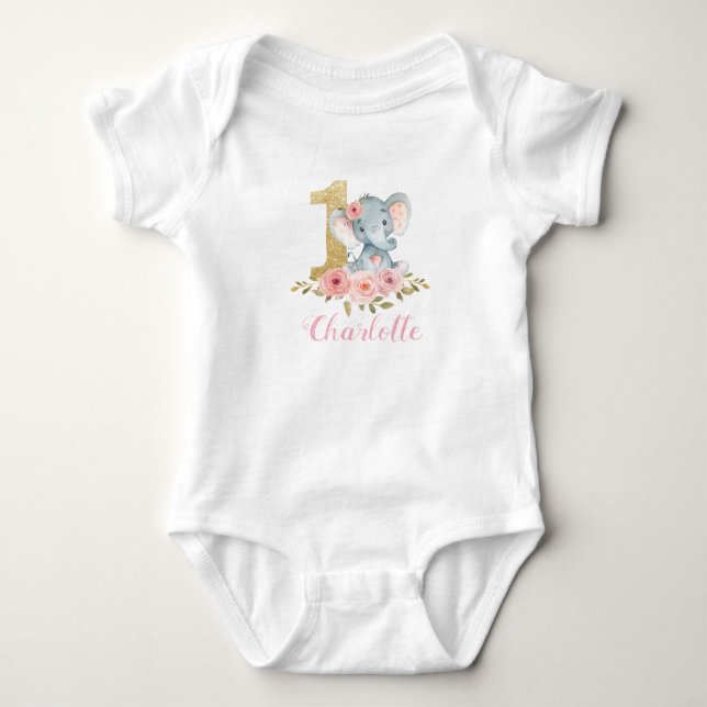 Blush Floral Cute Baby Elephant 1st Birthday Baby Bodysuit (Front)