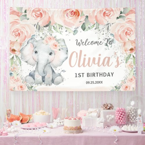 Blush Floral Cute Elephant 1st Birthday Backdrop Banner