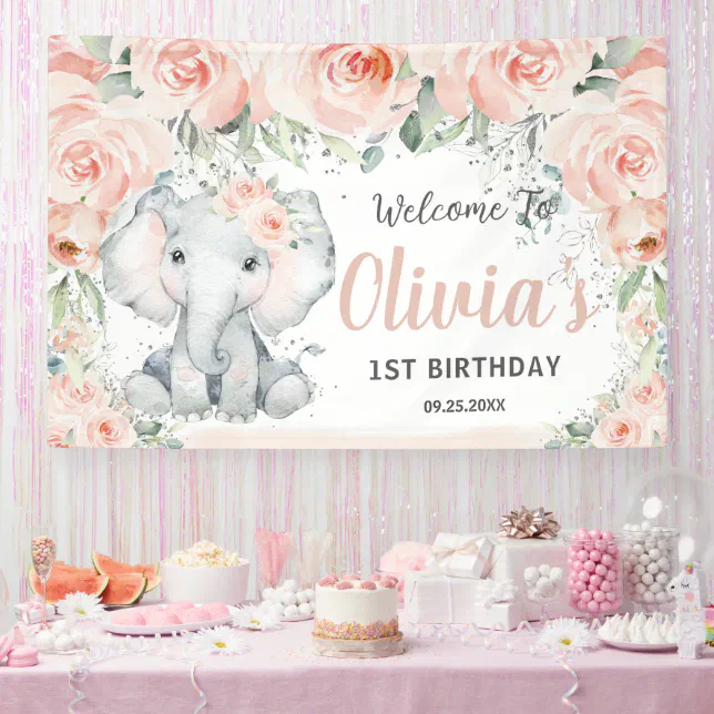 Blush Floral Cute Elephant 1st Birthday Backdrop Banner | Zazzle