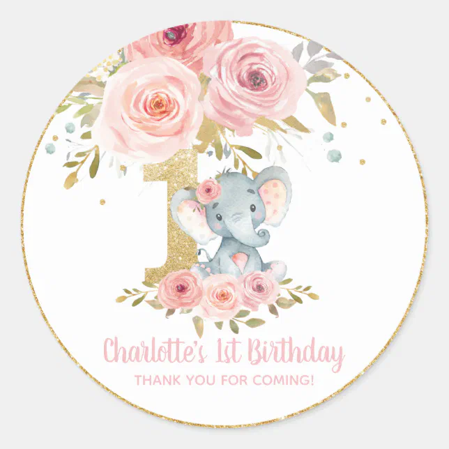 Blush Floral Cute Elephant 1st Birthday One Favor Classic Round Sticker ...
