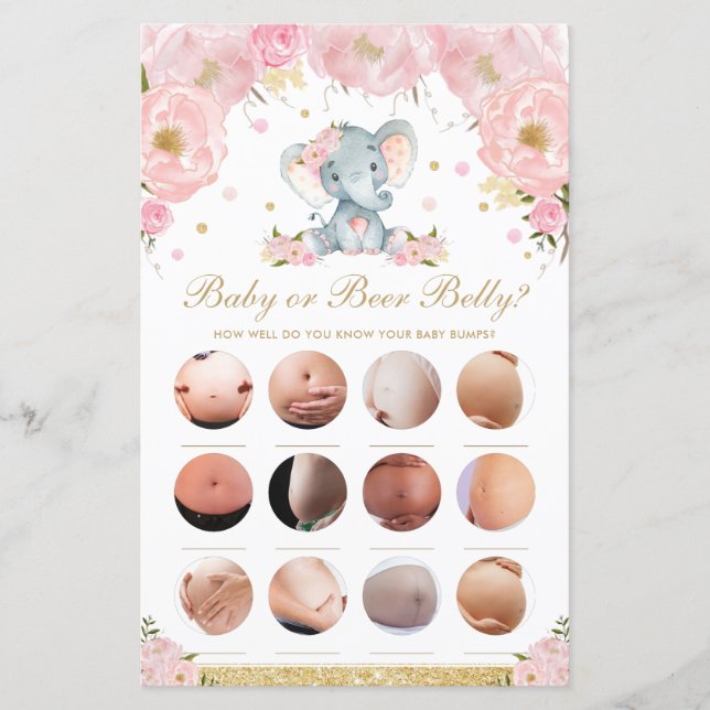 Blush Floral Cute Elephant Baby or Beer Belly Game (Front)