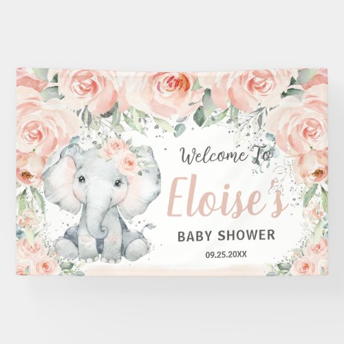 Blush Floral Cute Elephant Baby Shower Backdrop Banner