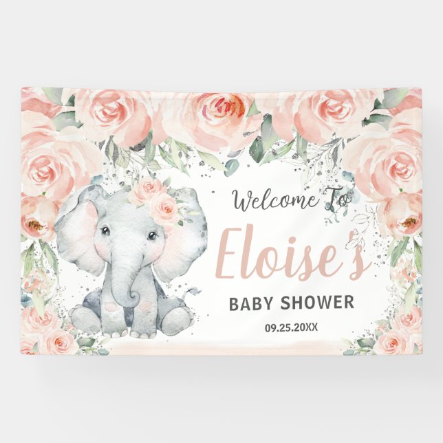 Blush Floral Cute Elephant Baby Shower Backdrop Banner (Horizontal)