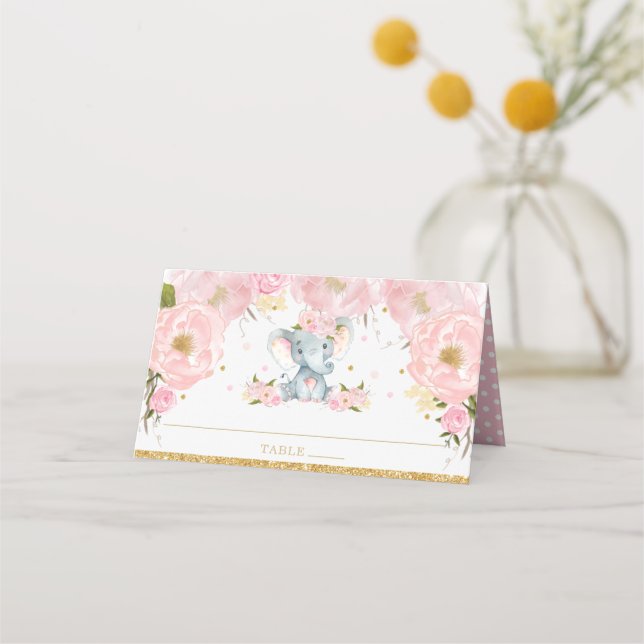 Blush Floral Cute Elephant Baby Shower Birthday Place Card (Back)