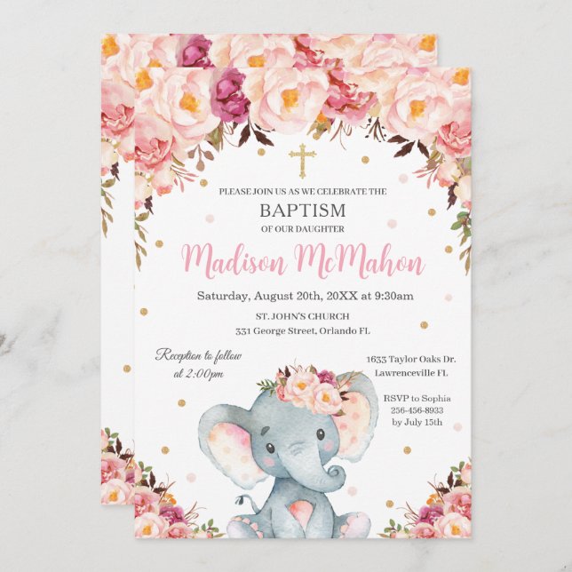 Blush Floral Cute Elephant Christening Baptism Invitation (Front/Back)