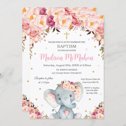 Blush Floral Cute Elephant Christening Baptism Invitation