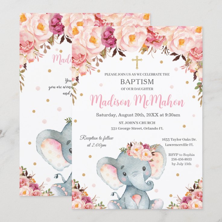 Blush Floral Cute Elephant Christening Baptism Invitation Zazzle