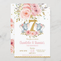 Blush Floral Cute Elephant Twin Girls 7th Birthday Invitation