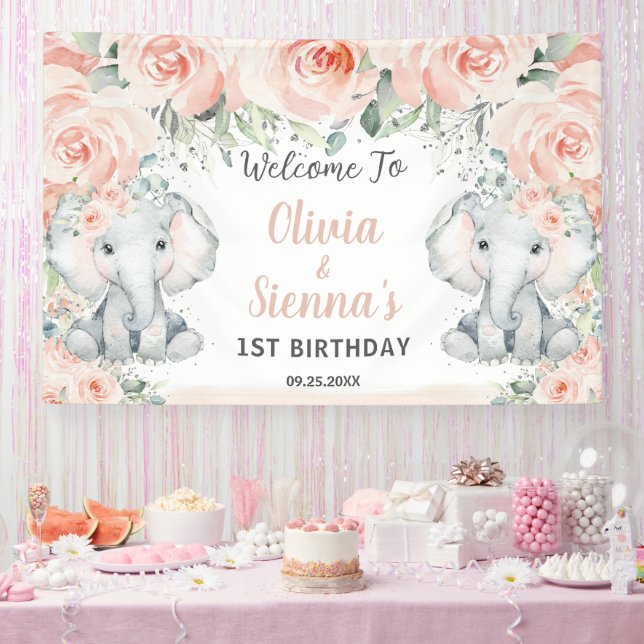 Blush Floral Cute Elephant Twins Birthday Backdrop Banner (Party)