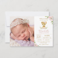 Blush Floral Cute Lion Cub New Baby Photo Birth Announcement