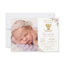 Blush Floral Cute Lion Cub New Baby Photo Birth Announcement