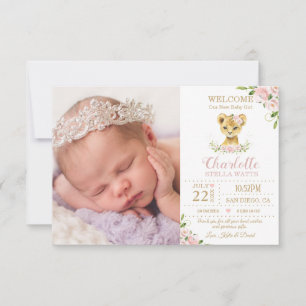 Blush Floral Cute Lion Cub New Baby Photo Birth Announcement