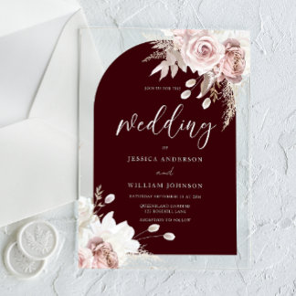 Blush Floral Deep Burgundy Arch Wedding Acrylic Invitations