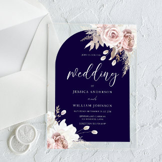 Blush Floral Deep Navy Arch Wedding Acrylic Invitations