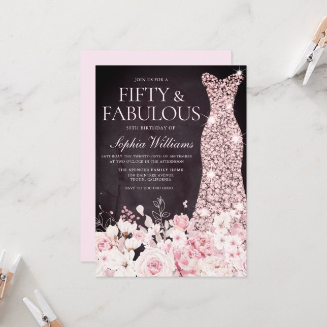Blush Floral & Dress Burgundy 50th Birthday Party Invitation (Front/Back In Situ)